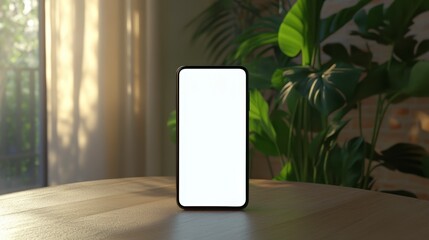 Smartphone with blank screen on wooden table, sunlight, indoor plants.