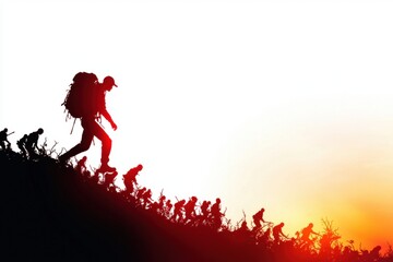 A silhouette of a hiker ascending a hill at sunset, with other figures climbing behind, depicting adventure and exploration.