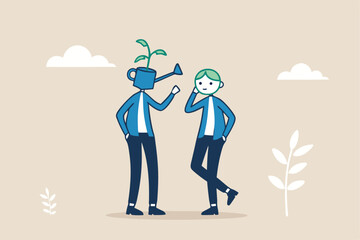 Mentor to help career growth, coaching or education for growth mindset, growing seedling plant, help or assistance, business support concept, businessman watering can head help grow seedling one.