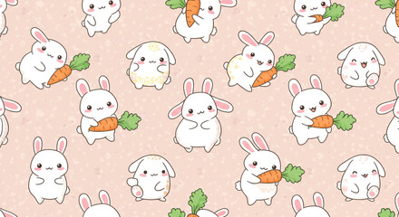 Kawaii-style repeating pattern with bunnies and carrots 