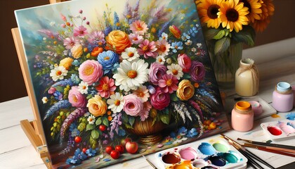 Fototapeta premium Colorful flowers on canvas painted with oil paints