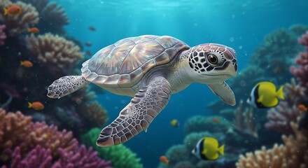 Obraz premium Sea Turtle Swimming Underwater Amongst Coral Reef and Tropical Fish