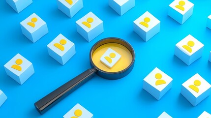 Business HR Hiring Employee Development Building Team Magnifying glass focusing on user icons.