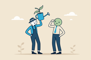 Mentor to help career growth, coaching or education for growth mindset, growing seedling plant, help or assistance, business support concept, businessman watering can head help grow seedling one.