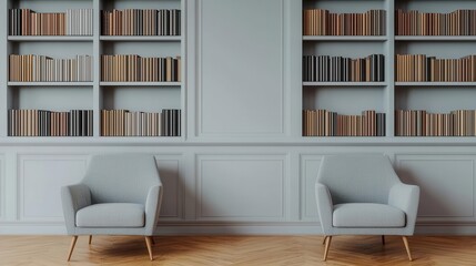 A reading room with an elegant, minimalistic design featuring neutral tones and sleek furniture, creating a serene atmosphere