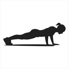 Silhouette of a woman performing a plank exercise./A bold, simple silhouette of a woman in a plank exercise position against a plain white background.