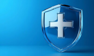 Obraz premium 3d render of shield with cross health hospital medic medical pharmacy symbol blue background , 