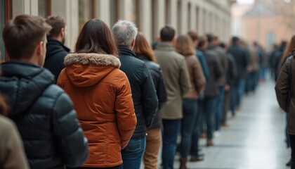 Group European people wait long line outdoors. Crowd of diverse adults, seniors in row, waiting turn. Polling, voting, election, citizenship, social issues. People in queue at shortage, crisis event.
