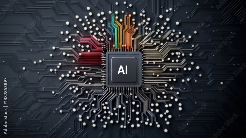 Poster technology background with ai circuit design and digital elements