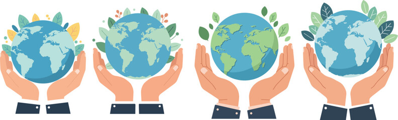 Set of Earth held in human hands with leaves, flat eco vector style. World Environment Day