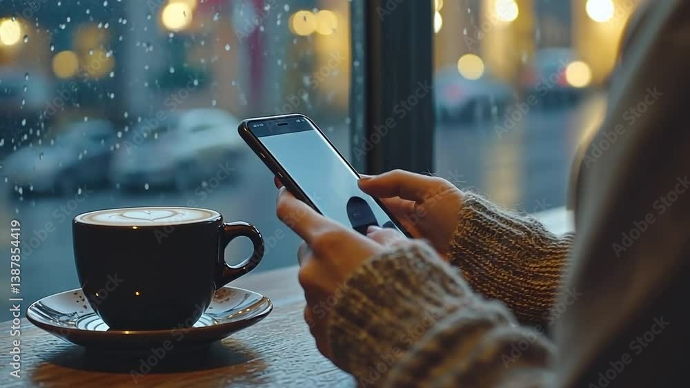 Poster close up of woman using smartphone while enjoying coffee at cafe generative ai