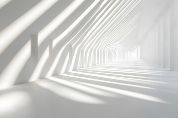 White corridor with sunlight casting shadows creating a pattern on the floor.