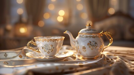 Fototapeta premium Elegant Tea Moments: Artistic Teapots and Cups with Steaming Tea in Warm, Cozy Ambiance