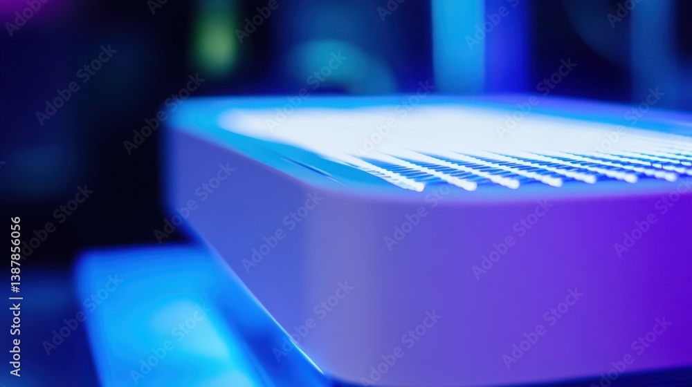 Poster illuminated technological component with linear detailing in a vibrant display