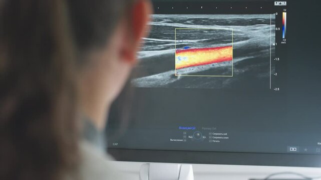 Faint image of diagnostic radiographer closely monitoring radiography machine screen displaying vivid real-time color flow imaging data during medical examination, focusing on patient diagnosis
