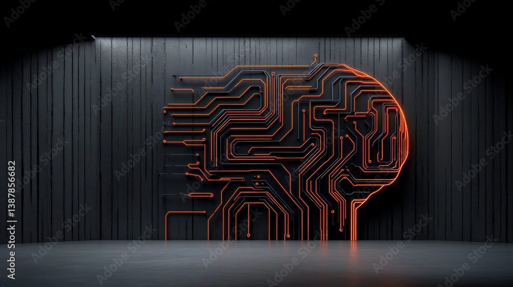 Poster abstract circuit design with neon orange lines on dark background