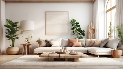 minimalist living room with white walls and a wooden floor.