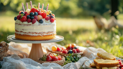 birthday-themed picnic in the park with a beautiful cake and handmade decorations