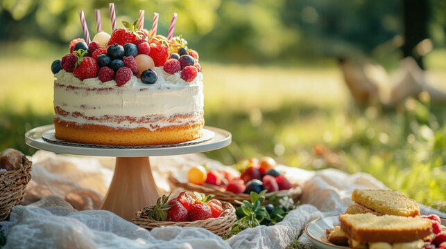 birthday-themed picnic in the park with a beautiful cake and handmade decorations