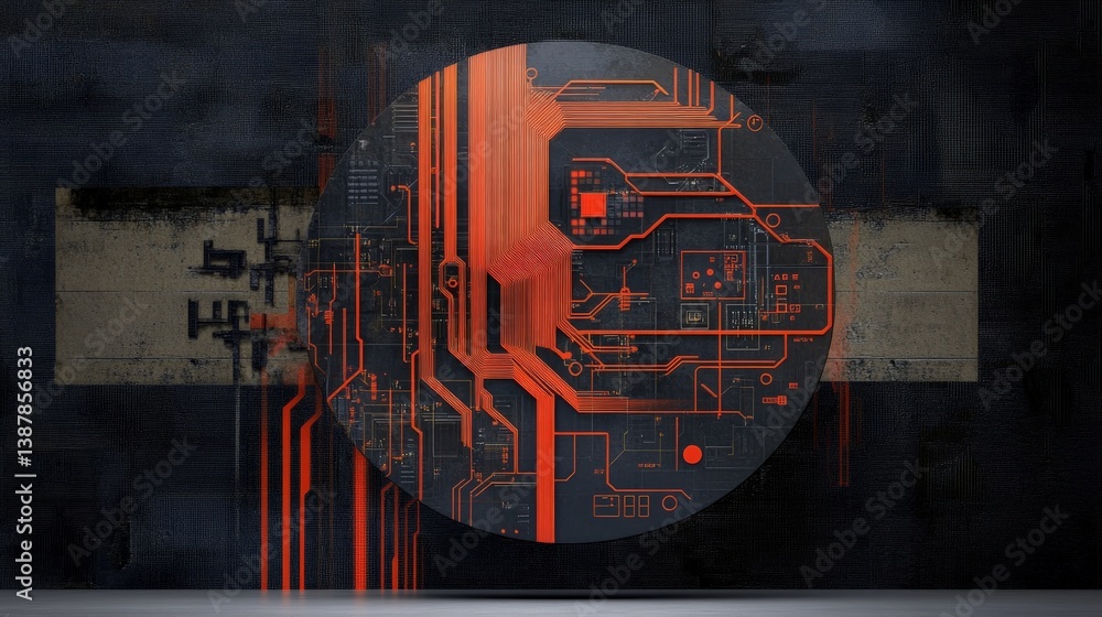 Poster abstract circuit board design with orange elements on dark background