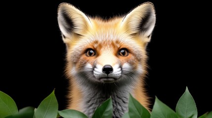 A red fox, with sharp ears and bright eyes, stares directly at the viewer. Green leaves frame the fox against a black background. The image is high-quality, well-lit, and showcases a realistic style