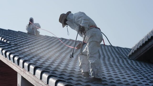 Professional painter on roof Working at heights is dangerous.	