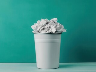A small office room with a trash can overflowing with shredded documents, representing work clutter