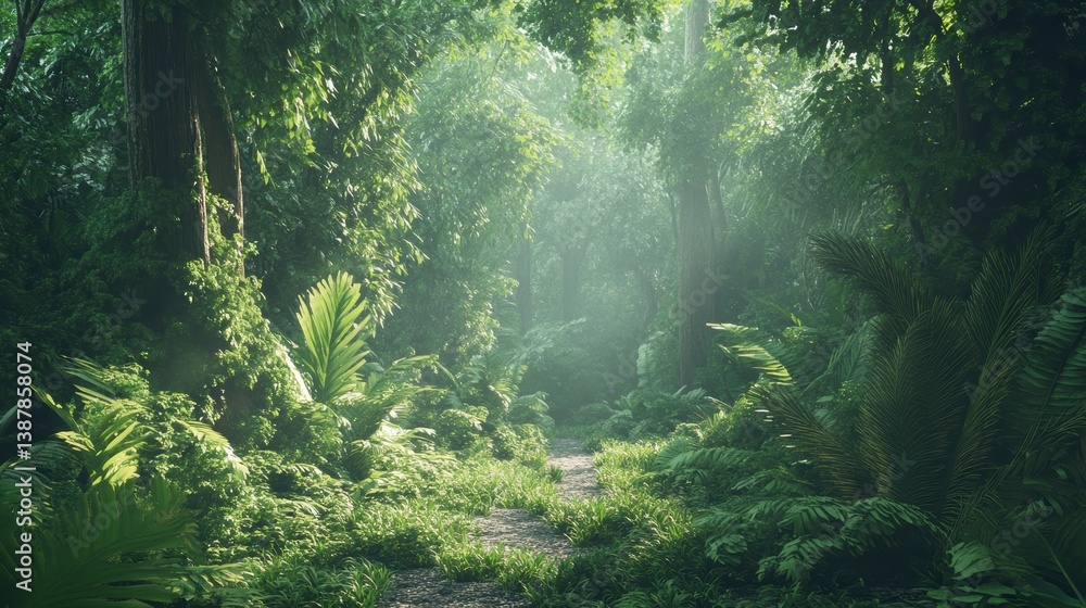 Poster lush green jungle path with sunlight filtering through dense foliage.