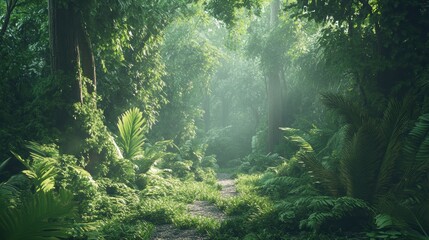 Obraz premium Lush green jungle path with sunlight filtering through dense foliage.