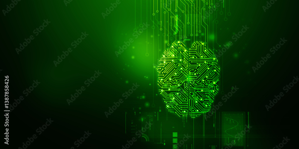 Poster 2d illustration concept of thinking, background with brain, abstract artificial intelligence. techno