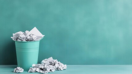 A desk littered with crumpled papers around a trash can, symbolizing frustration during work