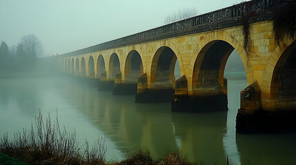 Ancient Stone Arch Bridge Over River in Foggy Landscape