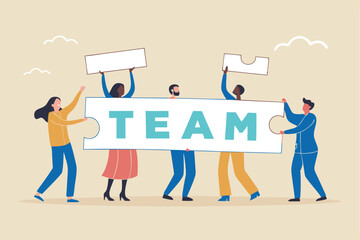 Team puzzle jigsaw connect, teamwork solving problem or cooperation for team success, collaboration idea, colleague work together concept, business people coworker help connect team jigsaw.
