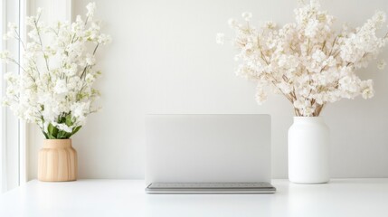 A closed laptop sits on a white desk between two vases of white flowers. The image is clean and bright, well-lit, and high-resolution. Its minimalist style evokes calmness. The color palette is ser