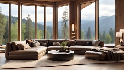 Fototapeta premium A modern living room with large floor-to-ceiling glass windows