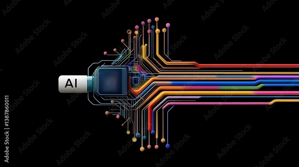Poster abstract ai technology concept with circuit board and colorful lines