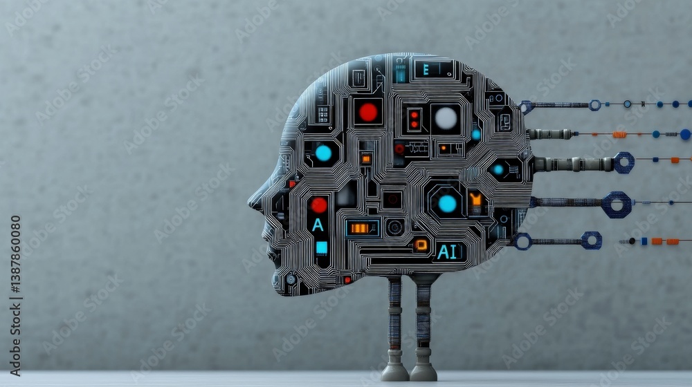 Poster futuristic robot head with circuitry design and colorful elements