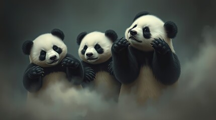 Obraz premium Three adorable pandas engage in playful behavior amidst a dreamy mist showcasing their natural curiosity and interaction in a serene forest setting