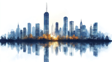 Fototapeta premium Stylized skyline of blue high rise buildings with reflection