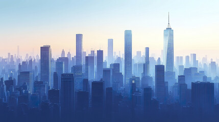 Fototapeta premium Stylized skyline of blue high rise buildings at dawn