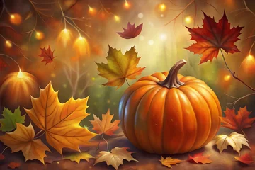 Fototapete Rund A majestic autumn pumpkin nestled amongst vibrant fall leaves and glowing lights, a magical harvest scene with warm, enchanting tones. © Design_Poster