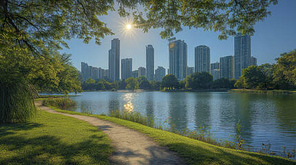 Fototapeta premium Sunny park trail beside lake with tall city buildings in background