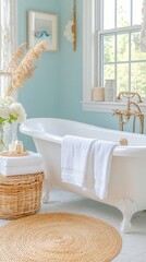 Serene Bathroom Interior Design Freestanding Tub Coastal Decor and Jute Rug