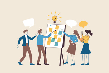 Workshop or business discussion, meeting or brainstorm new idea, training course class, Q and A, question and answer chat, business people in workshop meeting room with whiteboard and sticky notes.