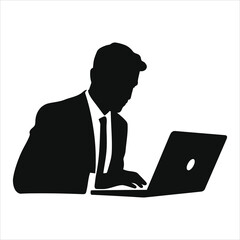 Focused Businessman Working on Laptop Silhouette/A minimalist silhouette of a businessman seated and working on a laptop.