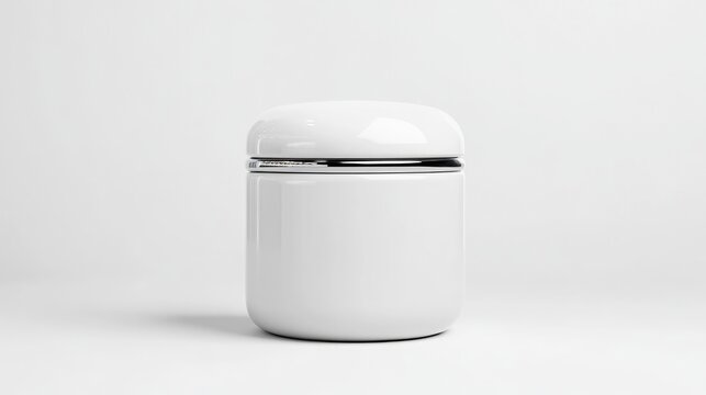 A sleek, white cylindrical container with a slightly domed lid and a thin, metallic band sits centrally against a plain white background. The image is clean and simple, with soft, even lighting. The
