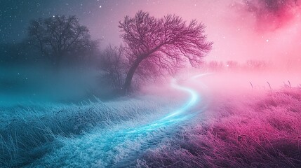 A soft glowing winter field composed of luminous magenta and teal snow trails spiraling through gently sparkling icy white mist.