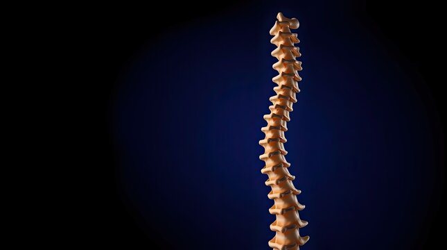 A detailed representation of a human spine showing the alignment of vertebrae illuminated in a dark environment highlighting anatomical features