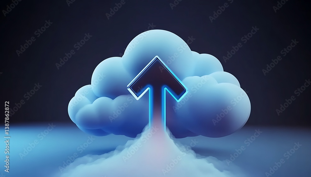 Poster 3d render of arrow going up in cloud, data computation upload uploading server technology internet s