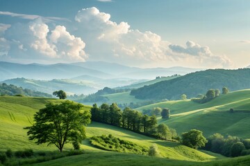 Fototapeta premium Serene rolling hills bathed in the golden light of a summer afternoon, showcasing a picturesque landscape under a fluffy white cloud-filled sky.